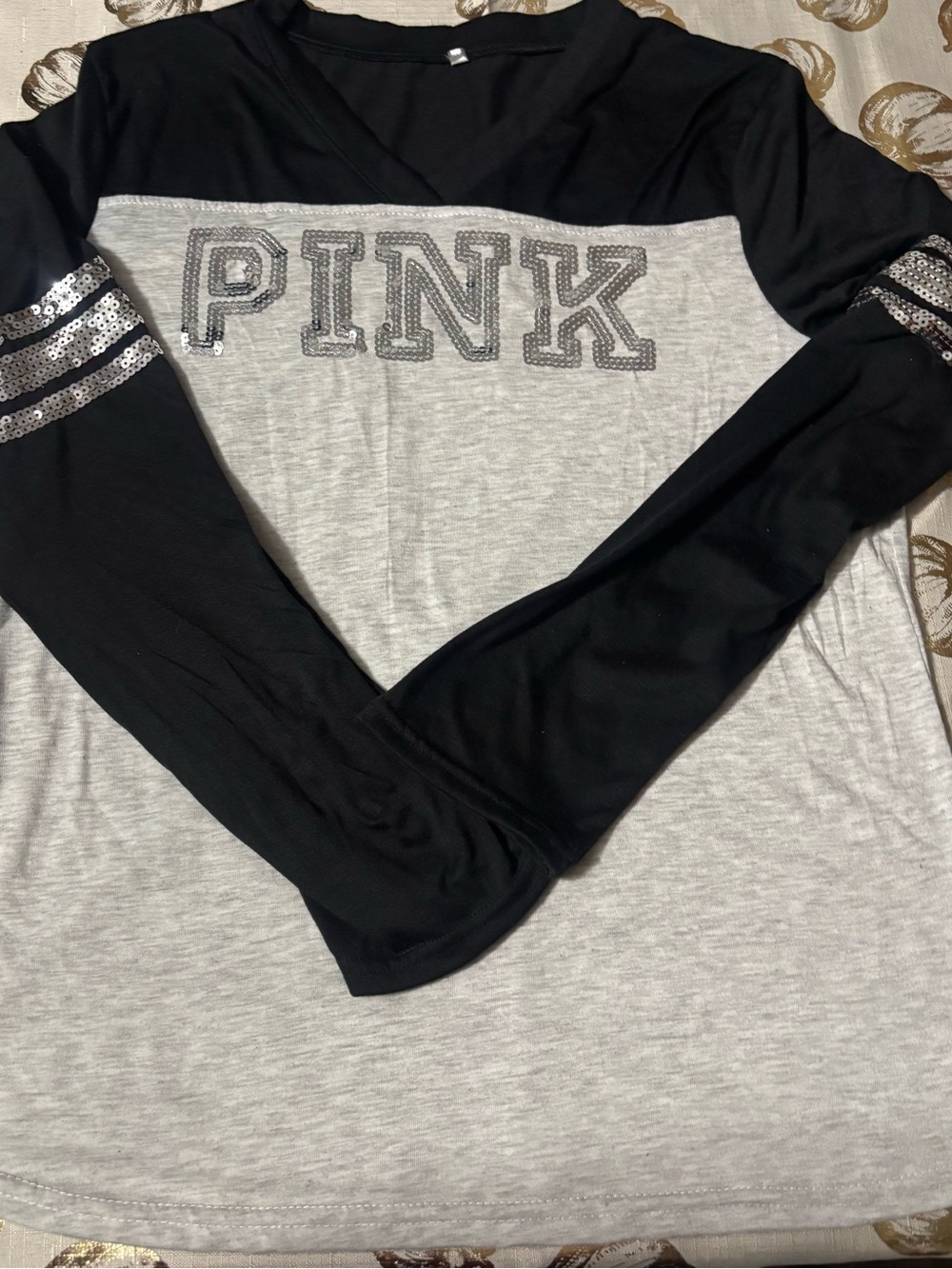 PINK Victoria's Secret Black & Heather Gray Sequin-Trim V-Neck Long Sleeve